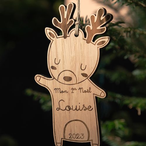 Boule en bois Cerf : prénom personnalisable dans son écrin